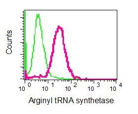 ab128956, at 1/10 dilution (red) staining Arginyl tRNA synthetase in permeabilized 293T cells, compared with a negative rabbit IgG (green) by flow cytometry.