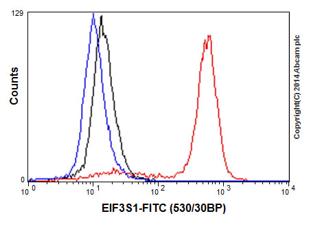 Flow cytometric analysis of 2% paraformaldehyde-fixed K562 (Human chronic myelogenous leukemia cells from bone marrow) cells labeling EIF3S1 with ab196018 at 1/170 dilution (red) compared with a rabbit monoclonal IgG isotype control (black) and an unlabelled control (cells without incubation with primary antibody and secondary antibody; blue). Goat anti rabbit IgG (FITC) at 1/150 dilution was used as the secondary antibody.