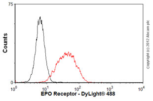 Overlay histogram showing K562 cells stained with ab56310 (red line). The cells were fixed with 80% methanol (5 min) and incubated in 1x PBS / 10% normal goat serum / 0.3M glycine to block non-specific protein-protein interactions. The cells were then incubated with the antibody (ab56310, 1µg/1x106 cells) for 30 min at 22ºC. The secondary antibody used was DyLight® 488 goat anti-mouse IgG (H+L) (ab96879) at 1/500 dilution for 30 min at 22ºC. Isotype control antibody (black line) was mouse IgG2a [ICIGG2A] (ab91361, 1µg/1x106 cells) used under the same conditions. Acquisition of >5,000 events was performed.Please note that Abcam do not have any data for use of this antibody on non-fixed cells. We welcome any customer feedback.