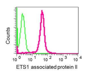 Flow cytometric analysis of permeabilized K562 cells labeling ETS1 associated protein II with ab176341 at 1/10 dilution (red) compared to a rabbit IgG negative control (green).