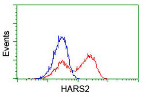 ab123918, at a 1/100 dilution, staining HARS2 in HEK293T cells transfected with either pCMV6-ENTRY HARS2 (Red) or pCMV6-ENTRY control plasmid (Blue), by Flow Cytometry.