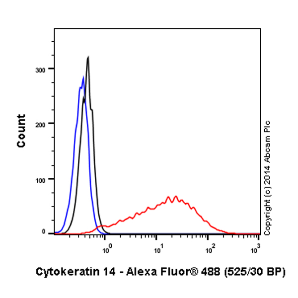 Overlay histogram showing A431 cells stained with ab192055 (red line). The cells were fixed with 80% methanol (5 min) and then permeabilized with 0.1% PBS-Triton X-100 for 20 min. The cells were then incubated in 1x PBS / 10% normal goat serum / 0.3M glycine to block non-specific protein-protein interactions followed by the antibody (ab192055, 1/500 dilution) for 30 min at 22°C. Isotype control antibody (black line) was rabbit IgG (monoclonal) Alexa Fluor® 488 used at the same concentration and conditions as the primary antibody. Unlabelled sample (blue line) was also used as a control.Acquisition of >5,000 events were collected using a 20mW Argon ion laser (488nm) and 525/30 bandpass filter.This antibody gave a positive signal in A431 fixed with 4% formaldehyde (10 min)/permeabilized with 0.1% PBS-Triton X-100 for 20 min used under the same conditions.