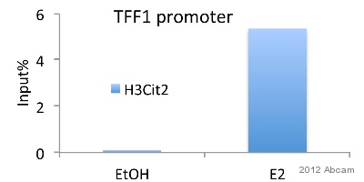 MCF-7 breast cancer cells were cultured for 3 days in DMEM phenol red-free medium supplemented with 10% charcoal-dextran-treated calf serum and treated with Estrogen for 45 min (positive control) or EtOH (negative control).The immunoprecipitated DNA was quantified by real time PCR (SYBR). Primers are located in ERE region (-273bp,-198bp relative to the TSS) of TFF1 gene.See Abreview