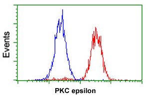 Flow cytometric analysis of PKC epsilon in Hela cells, using ab114020 at 1/100 dilution (Red) compared to a nonspecific negative control antibody (Blue).