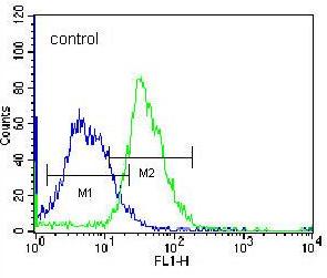 Flow cytometric analysis of K562 cells labeling PLEKHH1 with ab171193 at 1/10 dilution (right histogram) compared to a negative control cell (left histogram). FITC-conjugated donkey-anti-rabbit secondary antibodies were used for the analysis.