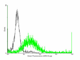 Flow Cytometrical analysis of negative control 293 cells (Black) and Prostaglandin D2 Receptor expressing 293 cells with ab167348 (Green).