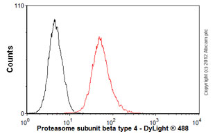 Overlay histogram showing HeLa cells stained with ab55628 (red line). The cells were fixed with 80% methanol (5 min) and then permeabilized with 0.1% PBS-Tween for 20 min. The cells were then incubated in 1x PBS / 10% normal goat serum / 0.3M glycine to block non-specific protein-protein interactions followed by the antibody (ab55628, 1µg/1x106 cells) for 30 min at 22ºC. The secondary antibody used was DyLight® 488 goat anti-mouse IgG (H+L) (ab96879) at 1/500 dilution for 30 min at 22ºC. Isotype control antibody (black line) was mouse IgG1 [ICIGG1] (ab91353, 2µg/1x106 cells) used under the same conditions. Acquisition of >5,000 events was performed. This antibody gave a positive signal in HeLa cells fixed with 4% paraformaldehyde (10 min)/permeabilized with 0.1% PBS-Tween for 20 min used under the same conditions.