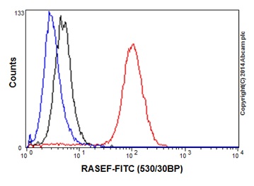 Flow cytometry analysis of K562 cells labeling RASEF using ab194827 at 1/50 dilution (Red). A Goat anti rabbit IgG (FITC) at 1/150 dilution was used as secondary antibody. Cells were fixed with 2% paraformaldehyde. Cells without incubation with primary antibody and secondary antibody: Blue. Rabbit monoclonal IgG was used as isotype control (Black).