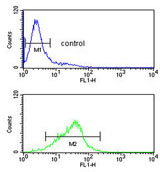 Flow cytometric analysis of Jurkat cells labelling RBM14 with ab135773 at 1/10 dilution (bottom histogram), compared to a negative control cell (top histogram). FITC-conjugated Goat-anti-Rabbit secondary antibodies were used for the analysis.