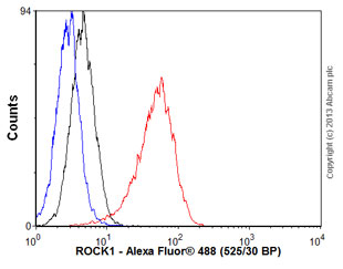 Overlay histogram showing HeLa cells stained with unpurified ab45171 (red line). The cells were fixed with 80% methanol (5 min) and then permeabilized with 0.1% PBS-Tween for 20 min. The cells were then incubated in 1x PBS / 10% normal goat serum / 0.3M glycine to block non-specific protein-protein interactions followed by the antibody (ab45171, 1/1000 dilution) for 30 min at 22°C. The secondary antibody used was Alexa Fluor® 488 goat anti-rabbit IgG (H+L) (ab150077) at 1/2000 dilution for 30 min at 22°C. Isotype control antibody (black line) was rabbit IgG (monoclonal) (0.1μg/1x106 cells) used under the same conditions. Unlabelled sample (blue line) was also used as a control. Acquisition of >5,000 events were collected using a 20mW Argon ion laser (488nm) and 525/30 bandpass filter.