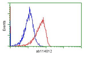 ab114012 staining SH3 containing Grb 2 like 1 in Jurkat cells (red) compared to a non-specific negative control (blue), and analyzed by flow cytometry.