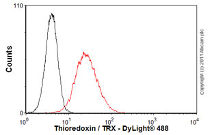 Overlay histogram showing HeLa cells stained with ab16965 (red line). The cells were fixed with 4% paraformaldehyde (10 min) and then permeabilized with 0.1% PBS-Tween for 20 min. The cells were then incubated in 1x PBS / 10% normal goat serum / 0.3M glycine to block non-specific protein-protein interactions followed by the antibody (ab16965, 1µg/1x106 cells) for 30 min at 22ºC. The secondary antibody used was DyLight® 488 goat anti-mouse IgG (H+L) (ab96879) at 1/500 dilution for 30 min at 22ºC. Isotype control antibody (black line) was mouse IgG2b [PLPV219] (ab91366, 2µg/1x106 cells) used under the same conditions. Acquisition of >5,000 events was performed. This antibody gave a positive signal in HeLa cells fixed with 80% methanol (5 min)/permeabilized with 0.1% PBS-Tween for 20 min used under the same conditions.