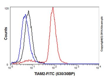 Flow cytometric analysis of 2% paraformaldehyde-fixed K562 (Human chronic myelogenous leukemia cells from bone marrow) cells labeling U TIAM2 with ab199426 at 1/450 dilution (red). The secondary antibody was Goat anti rabbit IgG (FITC) at 1/150 dilution. The isotype control is Rabbit monoclonal IgG (black) and the cell without incubation with primary antibody and secondary antibody is blue.