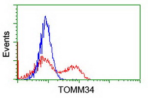 ab124027, at 1/100 dilution, staining TOMM34 in HEK293T cells transfected with a TOMM34 overexpress plasmid (Red) or empty vector control plasmid (Blue) by Flow cytometry.
