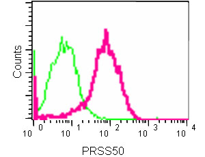 Flow cytometric analysis of 2% paraformaldehyde-fixed MCF7 cells labeling TSP50 with ab181993 at a 1/150 dilution, or with a rabbit monoclonal IgG isotype control. Secondary antibody used was goat anti rabbit IgG (FITC) at a 1/150 dilution.