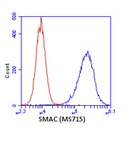 HeLa cells were stained with 1 µg/mL Smac / Diablo antibody (ab110288) (blue) or an equal amount of an isotype control antibody (red) and analyzed by flow cytometry.
