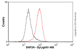 Overlay histogram showing HeLa cells stained with ab33747 (red line). The cells were fixed with 80% methanol (5 min) and then permeabilized with 0.1% PBS-Tween for 20 min. The cells were then incubated in 1x PBS / 10% normal goat serum / 0.3M glycine to block non-specific protein-protein interactions followed by the antibody (ab33747, 1µg/1x106 cells) for 30 min at 22ºC. The secondary antibody used was DyLight® 488 goat anti-mouse IgG (H+L) (ab96879) at 1/500 dilution for 30 min at 22ºC. Isotype control antibody (black line) was mouse IgG (1µg/1x106 cells) used under the same conditions. Acquisition of >5,000 events was performed.