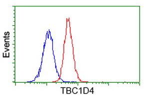 ab119004 at 1/100 dilution staining TBC1D4 in Jurkat cells by Flow cytometry (Red) compared to a nonspecific negative control antibody (Blue).