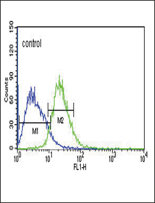 TXTP Antibody (Center) (Cat# 102-16513) flow cytometric analysis of Jurkat cells (right histogram) compared to a negative control cell (left histogram).FITC-conjugated goat-anti-rabbit secondary antibodies were used for the analysis.