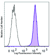 Human LY6G6D-transfected 293T cells were stained with anti-LY6G6D (clone 13.8) PE (filled histogram) or mouse IgG1, κ PE isotype control (open histogram).