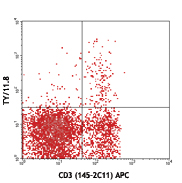 C57BL/6 mouse splenocytes stained by CD3 (145-2C11) APC and purified TY/11.8, followed by anti-rat IgG biotin and SAV-PE