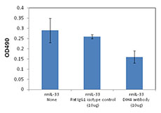 Recombinant mouse IL-33 mediated D10.G4.1 proliferation inhibited by anti-mouse IL-33Rα (ST2) (clone DIH4).