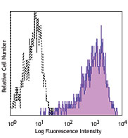 Mouse CD133 transfected cells were stained with CD133 (clone 315-2C11) APC (filled histogram) or rat IgG2a, κ APC isotype control (open histogram).
