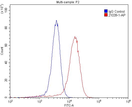 1X10^6 A431 cells were stained with .2ug Willin antibody (21039-1-AP, red) and control antibody (blue). Fixed with 4% PFA blocked with 3% BSA (30 min). Alexa Fluor 488-congugated AffiniPure Goat Anti-Mouse IgG(H+L) with dilution 1:1500.