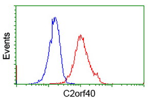 Flow cytometry of Jurkat cells, using anti-C2orf40 antibody (Red), compared to a nonspecific negative control antibody (Blue).