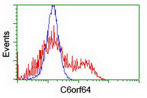 HEK293T cells transfected with either overexpress plasmid (Red) or empty vector control plasmid (Blue) were immunostained by anti-C6orf64 antibody, and then analyzed by flow cytometry.