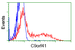 HEK293T cells transfected with either overexpress plasmid (Red) or empty vector control plasmid (Blue) were immunostained by anti-C9orf41 antibody, and then analyzed by flow cytometry.