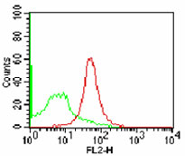 Cell surface flow cytometry of CD47 in 5 x 10^5 human PBMCs using 10 ul of LS-C148707. Green histogram represents isotype control, ; red represents CD47 antibody.