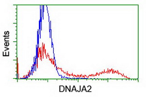 HEK293T cells transfected with either overexpress plasmid (Red) or empty vector control plasmid (Blue) were immunostained by anti-DNAJA2 antibody, and then analyzed by flow cytometry.