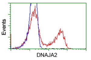 HEK293T cells transfected with either overexpress plasmid (Red) or empty vector control plasmid (Blue) were immunostained by anti-DNAJA2 antibody, and then analyzed by flow cytometry.