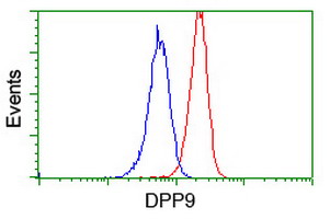 Flow cytometry of Jurkat cells, using anti-DPP9 antibody (Red), compared to a nonspecific negative control antibody (Blue).