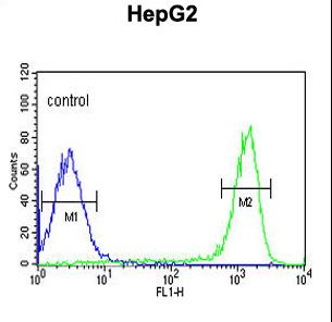 FAAH2 Antibody flow cytometry of HepG2 cells (right histogram) compared to a negative control cell (left histogram). FITC-conjugated goat-anti-rabbit secondary antibodies were used for the analysis.