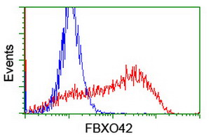 HEK293T cells transfected with either overexpress plasmid (Red) or empty vector control plasmid (Blue) were immunostained by anti-FBXO42 antibody, and then analyzed by flow cytometry.