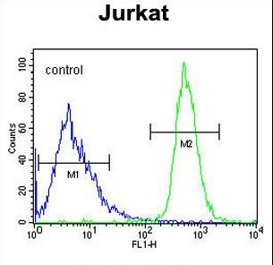 FFAR3 Antibody flow cytometry of Jurkat cells (right histogram) compared to a negative control cell (left histogram). FITC-conjugated goat-anti-rabbit secondary antibodies were used for the analysis.