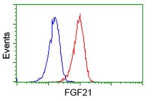 Flow cytometry of Jurkat cells, using anti-FGF21 antibody (Red), compared to a nonspecific negative control antibody (Blue).