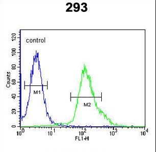 FGFBP3 Antibody flow cytometry of 293 cells (right histogram) compared to a negative control cell (left histogram). FITC-conjugated goat-anti-rabbit secondary antibodies were used for the analysis.