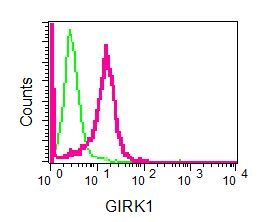 Flow cytometry of NIH/3T3 cells using anti-GIRK1 antibody (red)or a rabbit IgG (negative) (green).
