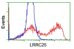HEK293T cells transfected with either overexpress plasmid (Red) or empty vector control plasmid (Blue) were immunostained by anti-LRRC25 antibody, and then analyzed by flow cytometry.