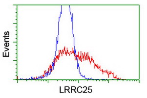 HEK293T cells transfected with either overexpress plasmid (Red) or empty vector control plasmid (Blue) were immunostained by anti-LRRC25 antibody, and then analyzed by flow cytometry.