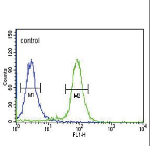 GP6 Antibody flow cytometry of K562 cells (right histogram) compared to a negative control cell (left histogram). FITC-conjugated goat-anti-rabbit secondary antibodies were used for the analysis.