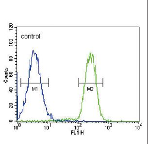 HSD17B2 Antibody flow cytometry of MDA-MB435 cells (right histogram) compared to a negative control cell (left histogram). FITC-conjugated goat-anti-rabbit secondary antibodies were used for the analysis.