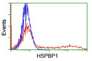 HEK293T cells transfected with either overexpress plasmid (Red) or empty vector control plasmid (Blue) were immunostained by anti-HSPBP1 antibody, and then analyzed by flow cytometry.