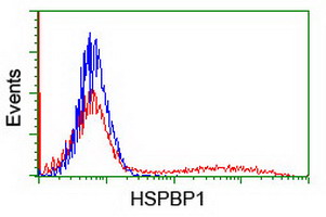 HEK293T cells transfected with either overexpress plasmid (Red) or empty vector control plasmid (Blue) were immunostained by anti-HSPBP1 antibody, and then analyzed by flow cytometry.