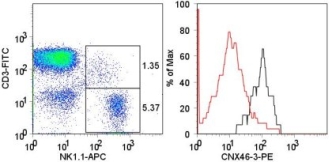 Mouse (C57/Bl6) splenocytes were stained with FITC anti-mouse CD3 (145-2C11) (LS-C105774), APC anti-mouse NK1.1 (PK136) (LS-C107016), and with 0.5 ug PE anti-mouse CD160 (CNX46-3) (LS-C106987). The histogram (right panel) demonstrates staining of CD160 (CNX46-3) (LS-C106987) on NK1.1+CD3- cells (red line) and NK1.1+CD3+ cells (black line), as gated in the dot plot (left panel).