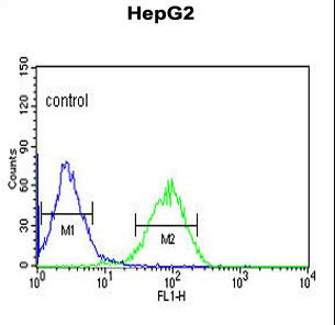 NR5A1 Antibody flow cytometry of HepG2 cells (right histogram) compared to a negative control cell (left histogram). FITC-conjugated goat-anti-rabbit secondary antibodies were used for the analysis.