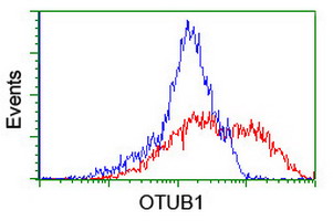 HEK293T cells transfected with either overexpress plasmid (Red) or empty vector control plasmid (Blue) were immunostained by anti-OTUB1 antibody, and then analyzed by flow cytometry.